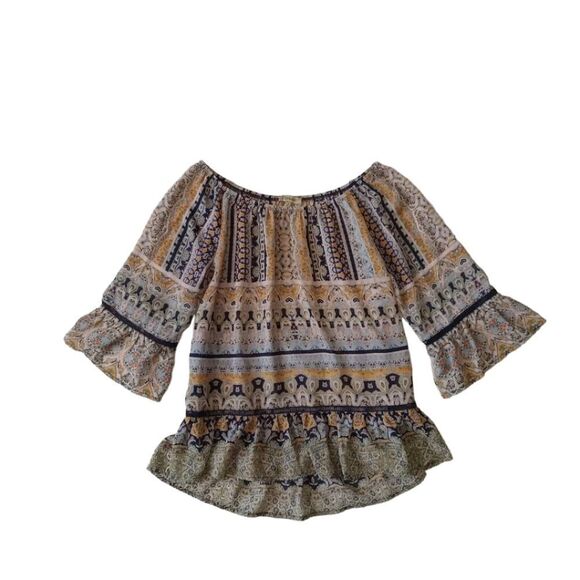 Democracy Bohemian Multicolored Ruffled Bell Sleeve Peasant Blouse Women's Small - Picture 1 of 12
